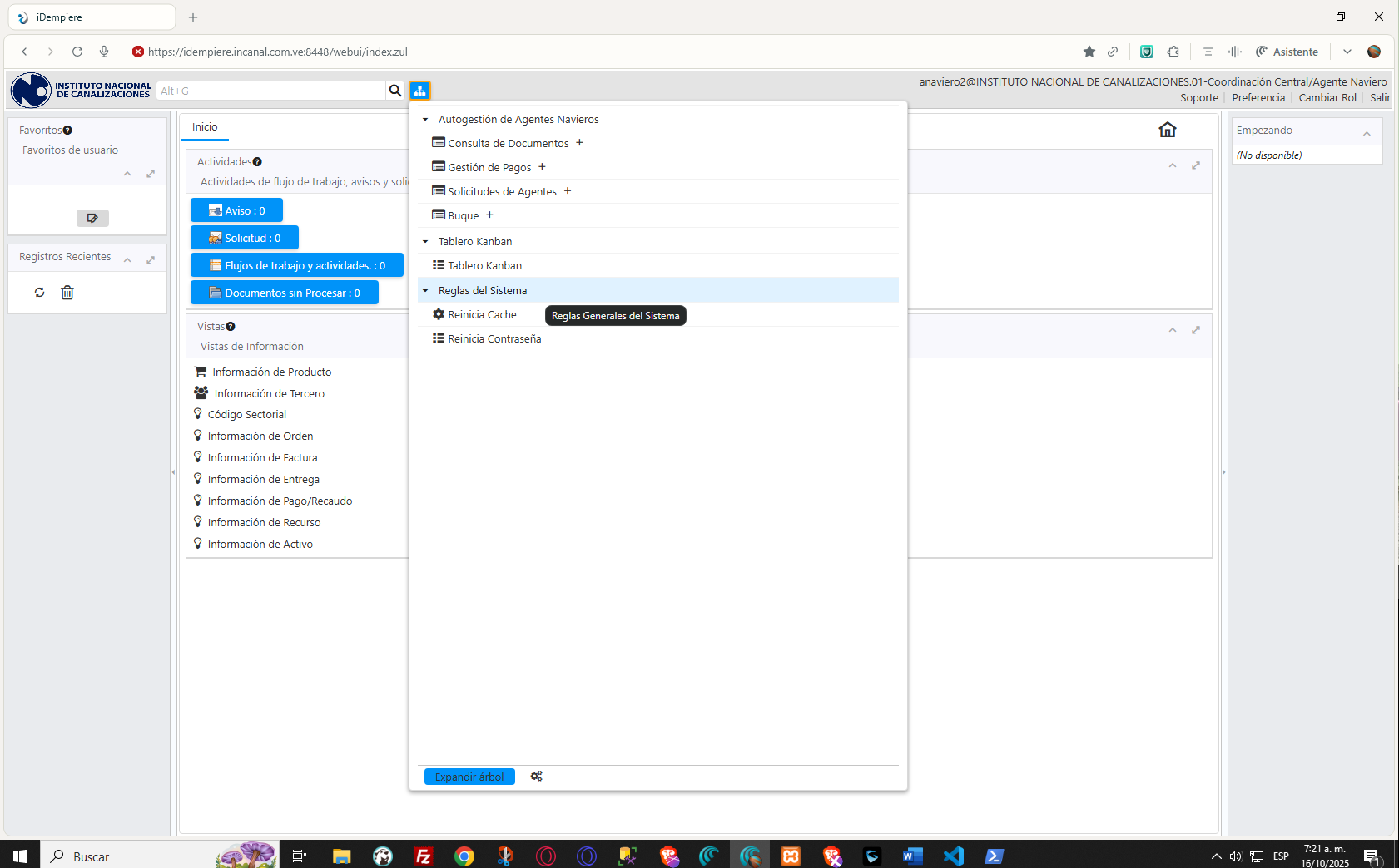 Menú Reglas del Sistema