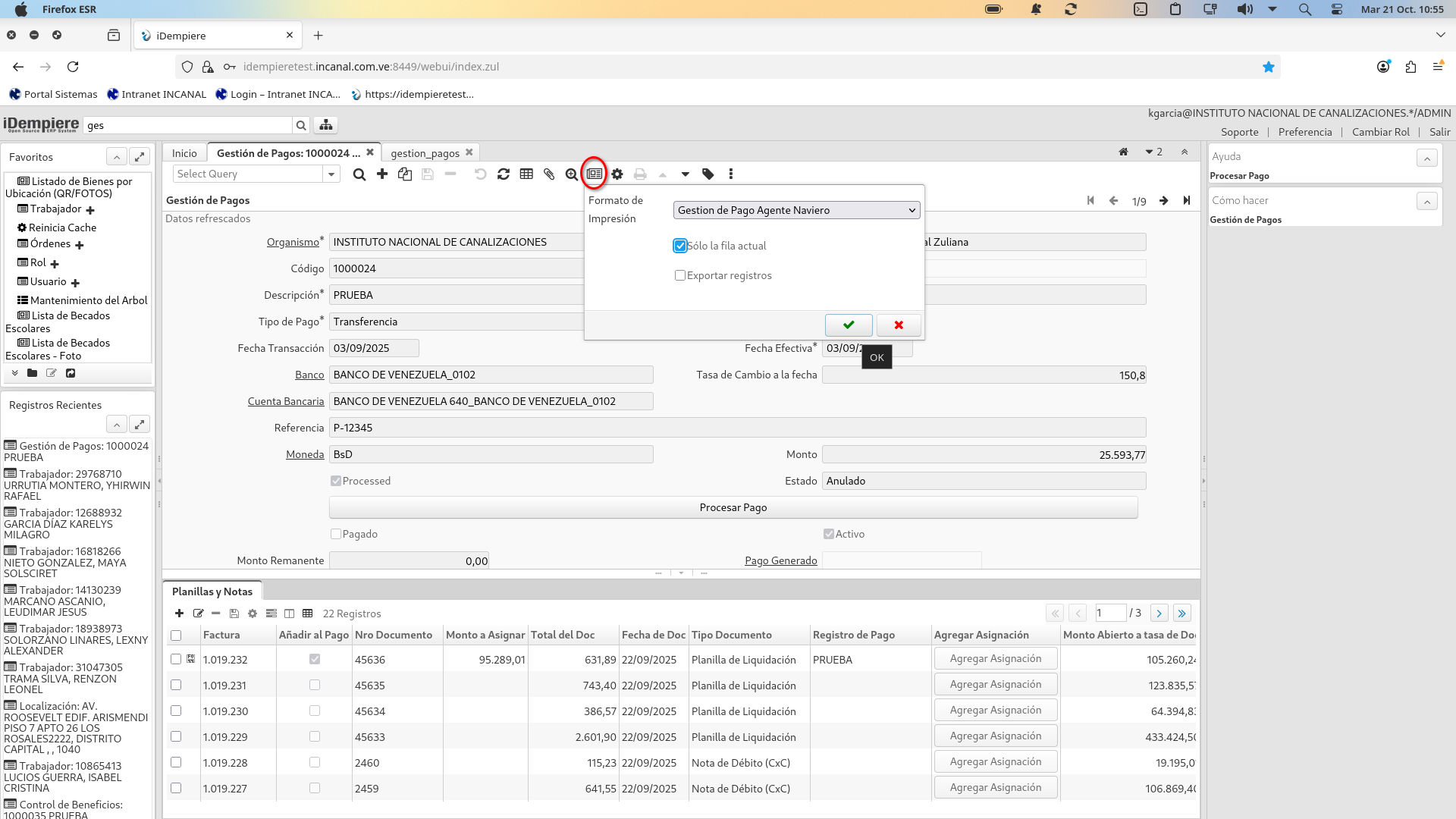 Pantalla Gestión de pagos