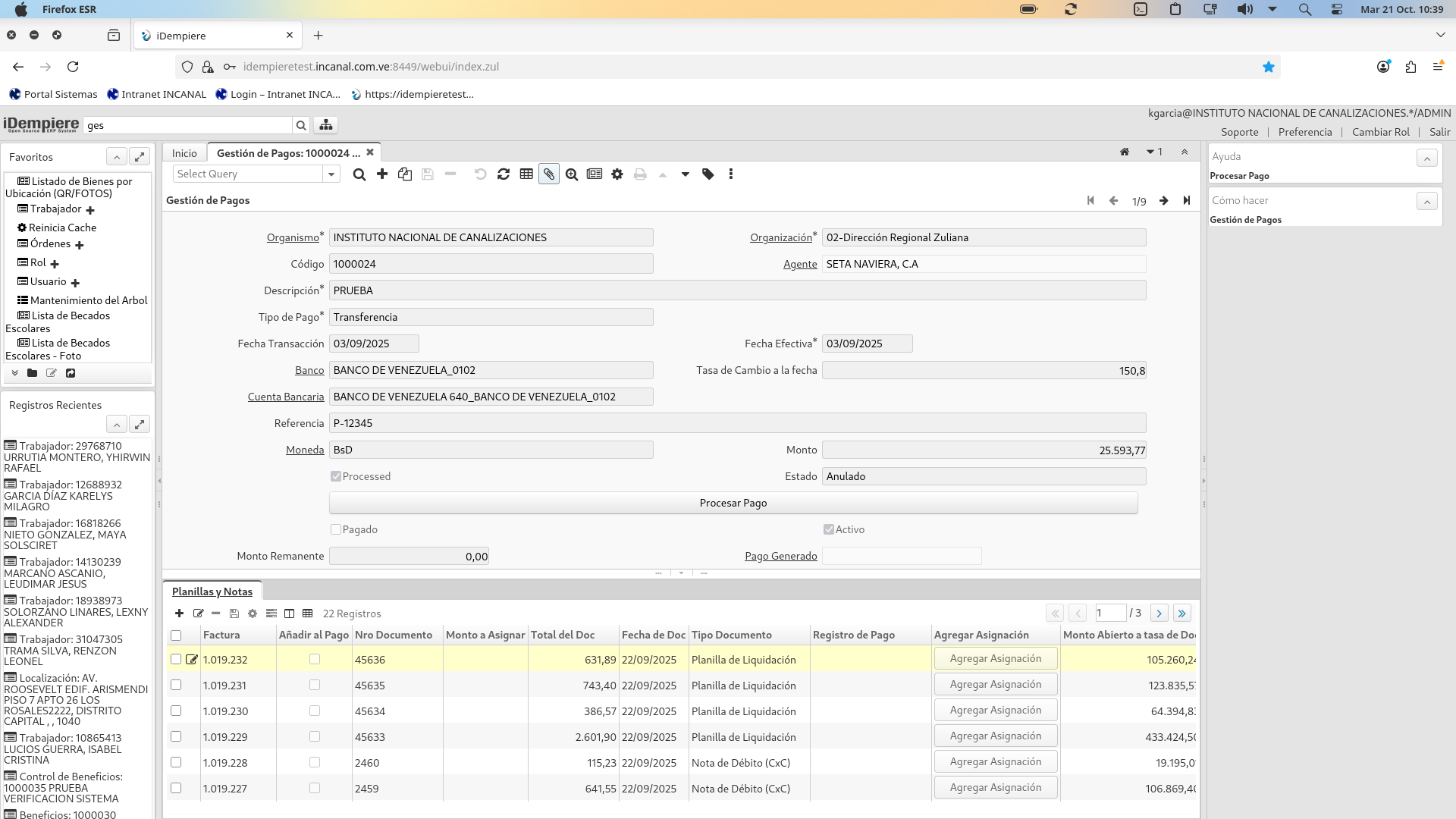 Pantalla Gestión de Pagos